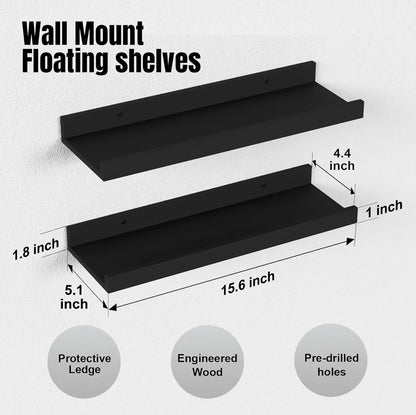 Floating Shelves Wall Mounted Set of 2, Modern Black Wall Shelves for Storage with Lip, Display Picture Ledge Shelf for Wall Decor Bedroom Living Room Bathroom Kitchen