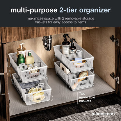 2-Tier Plastic Multipurpose Organizer with Divided Slide-Out Storage Bins, under Sink and Cabinet Organizer Rack, Frost