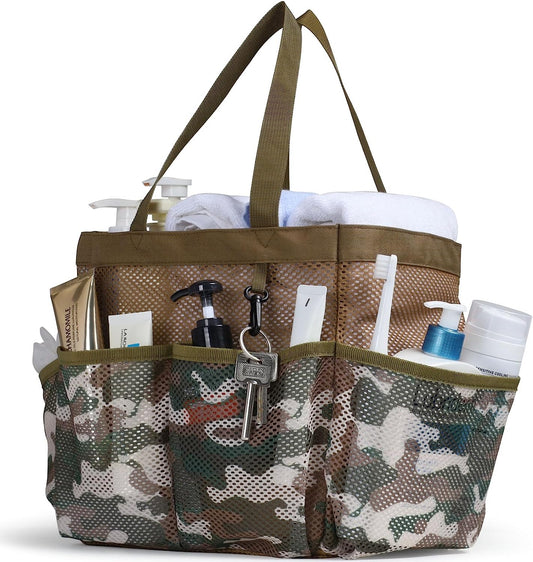 Shower Caddy Portable - Mesh Shower Caddy Bag Basket Tote for College Dorm Room Essentials Bathroom Gym Camp Quick Dry Shower Bags for Women Men with S Hook, Brown Camouflage