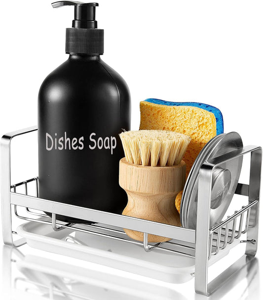 Sponge Holder for Kitchen Sink, Stainless Steel Kitchen Storage Sink Caddy for Organizing Sponge, Brush & Dish Soap Dispenser, Sink Organizer Rack with Adhesive or Counter Top, Silver