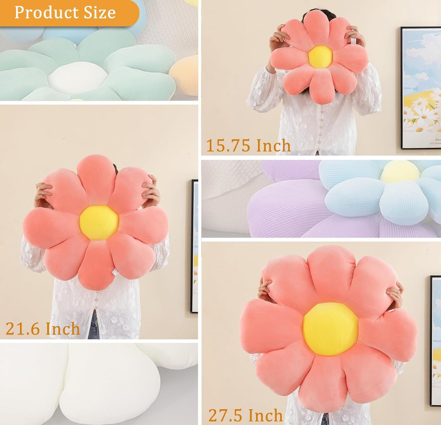 Flower Pillow, Daisy Pillow Flower Shaped Pillow Floor Pillow Flower Plush Pillow Cute Decorative Pillows Floor Cushions Flower Seat Cushion for Bedroom Sofa Chair(Grey, 15.75")