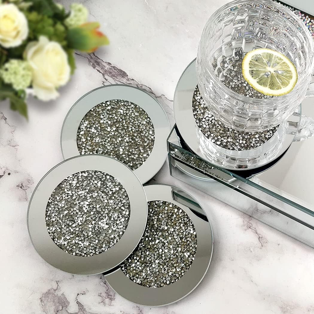 Glass Mirrored Coaster 4 PC, Crushed Diamond round 4" Cup Mat Decor on Tabletop for Bar Tools Dining Table