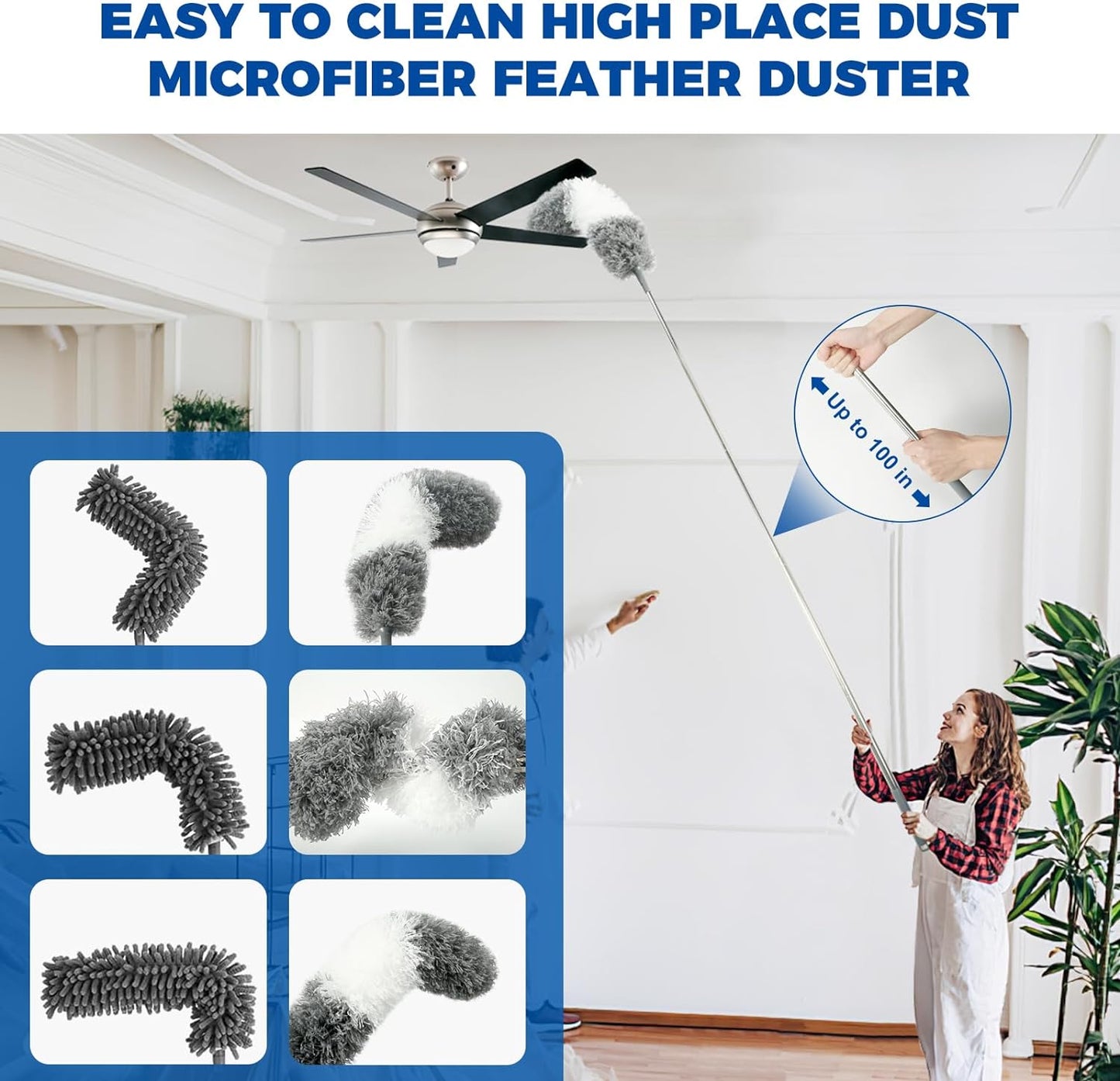 9Pcs Dusters for Cleaning Kit, Extendable Microfiber Duster Tools with 100" Long Pole, Retractable Gap Bendable Dust Cleaner, Reusable Washable Cleaning Supplie for Ceiling Fan Furniture Cars and Home