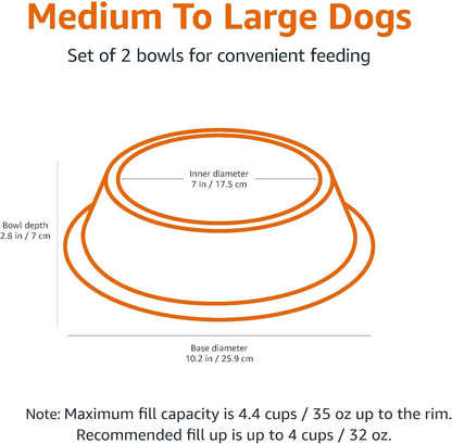 Stainless Steel Non-Skid Pet Dog Water and Food Bowl, 2-Pack (10 X 2.8 Inches), Each Holds up to 4 Cups