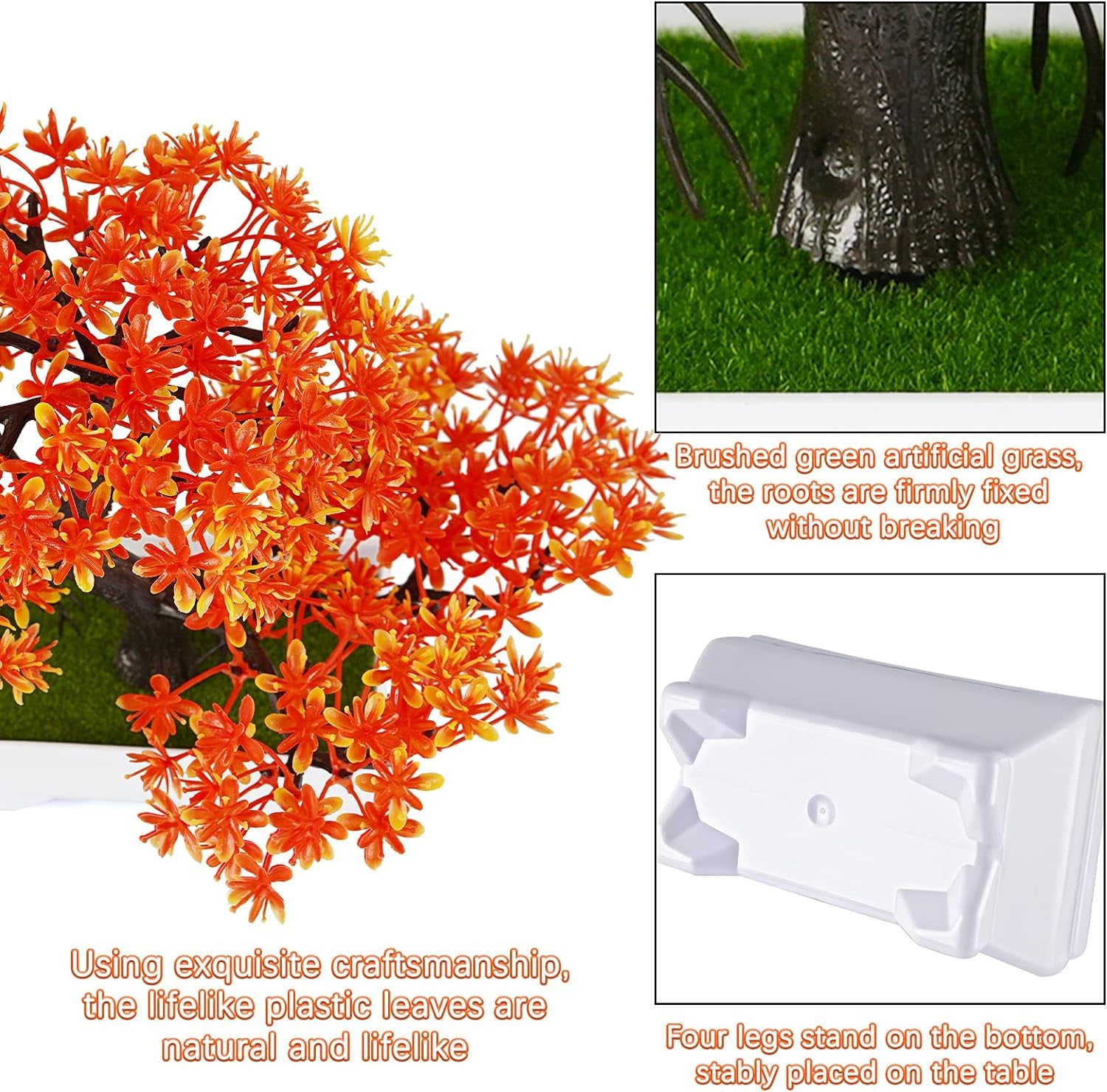 Mini Artificial Bonsai Tree Plants with Plastic Cement Pots for Home Office Décor (Orange)