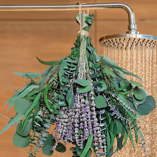 52 PCS Mix Dried Eucalyptus & Lavender Flowers Bundles for Shower, 17'' Natural Real Hanging Silver Dollar Eucalyptus Leaves Stems, Fragrance Fresh Plants Home Bathroom Decor