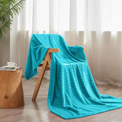 Flannel Fleece Throw Blanket for Couch,Sofa,Bed, 300GSM Striped Teal Blanket Throw for Adults and Kids, Super Soft Warm Cozy Lightweight Ribbed Throw for All-Season