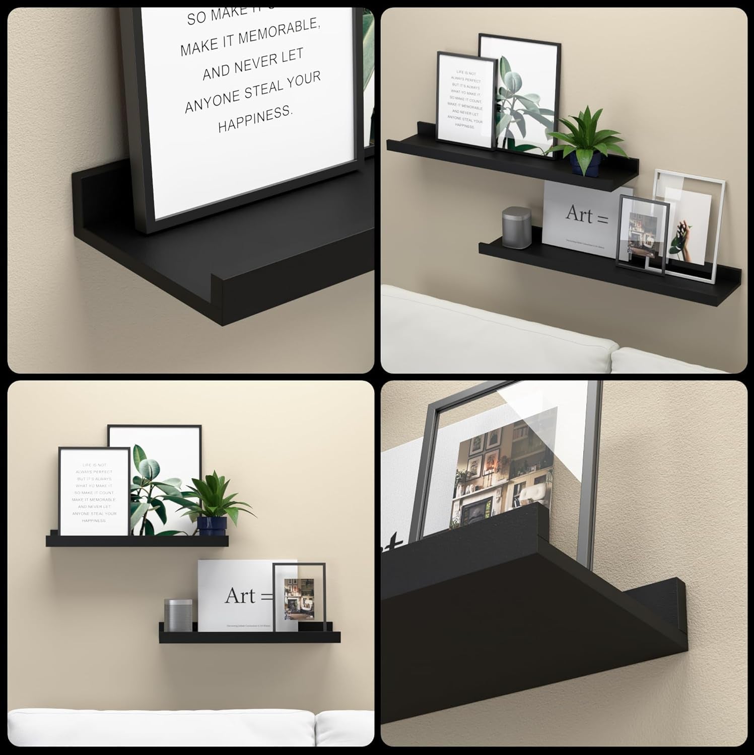 Floating Shelves Wall Mounted Set of 2, Modern Black Wall Shelves for Storage with Lip, Display Picture Ledge Shelf for Wall Decor Bedroom Living Room Bathroom Kitchen