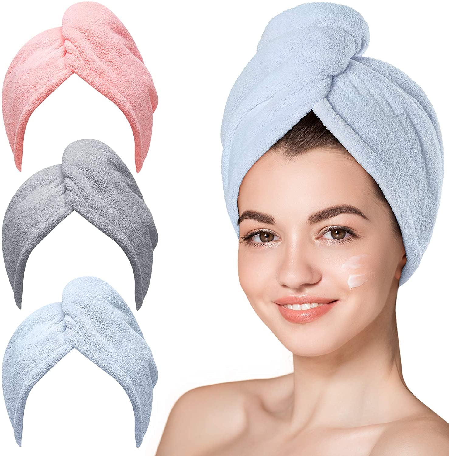 Microfiber Hair Towel, 3 Packs Hair Turbans for Wet Hair, Drying Hair Wrap Towels for Curly Hair Women anti Frizz (Blue,Grey,Pink)