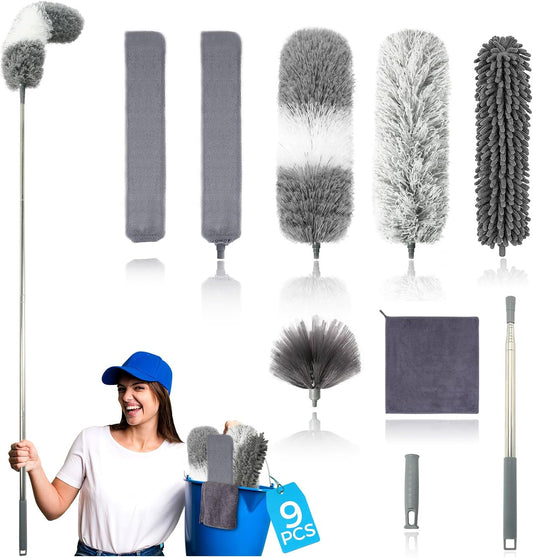 9Pcs Dusters for Cleaning Kit, Extendable Microfiber Duster Tools with 100" Long Pole, Retractable Gap Bendable Dust Cleaner, Reusable Washable Cleaning Supplie for Ceiling Fan Furniture Cars and Home