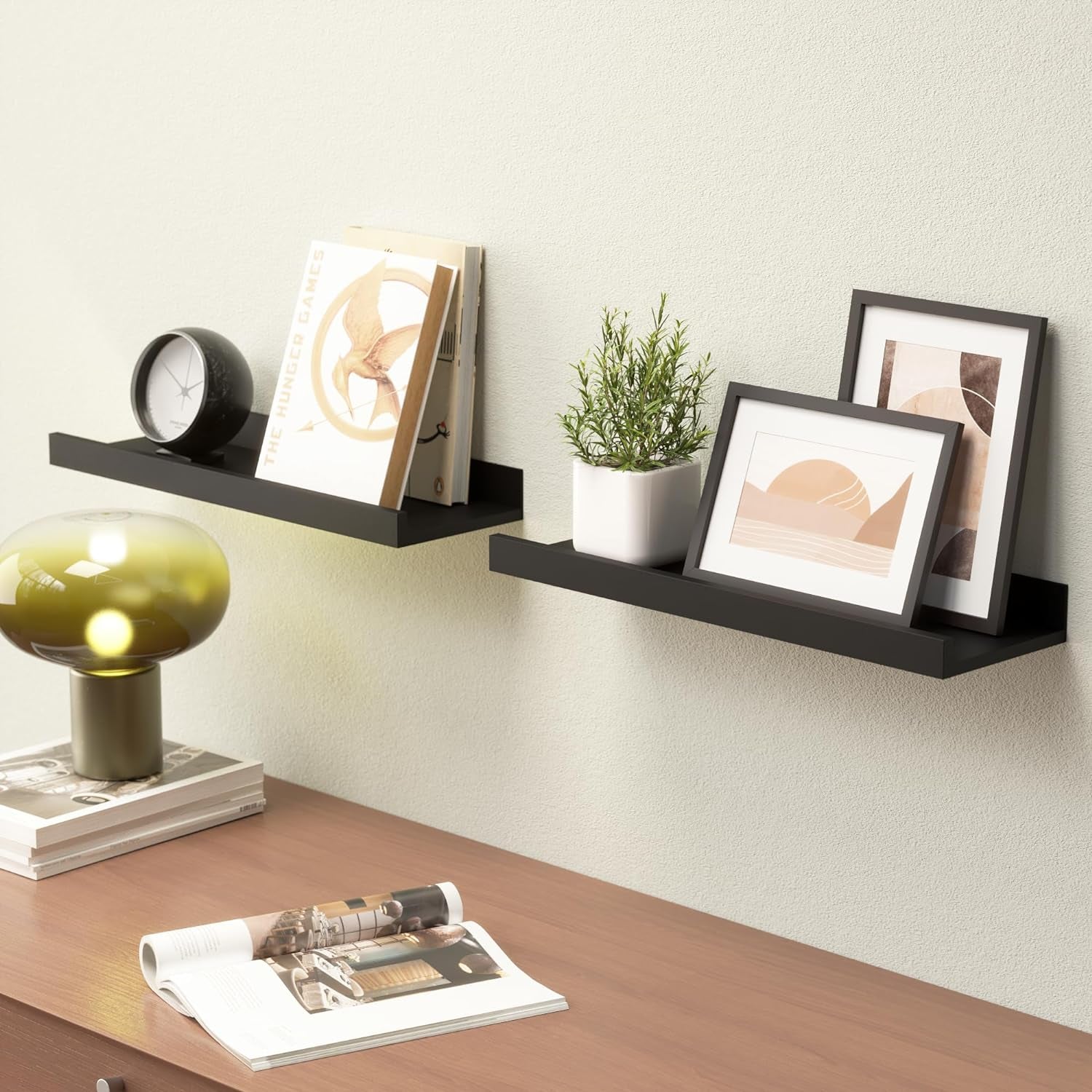 Floating Shelves Wall Mounted Set of 2, Modern Black Wall Shelves for Storage with Lip, Display Picture Ledge Shelf for Wall Decor Bedroom Living Room Bathroom Kitchen