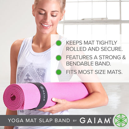 Yoga Mat Strap Slap Band - Keeps Your Mat Tightly Rolled and Secure with One Snap - Strong Clasp for Yoga Mat Storage and Travel - Fits Most Size Mats (20"L X 1.5"W), Black